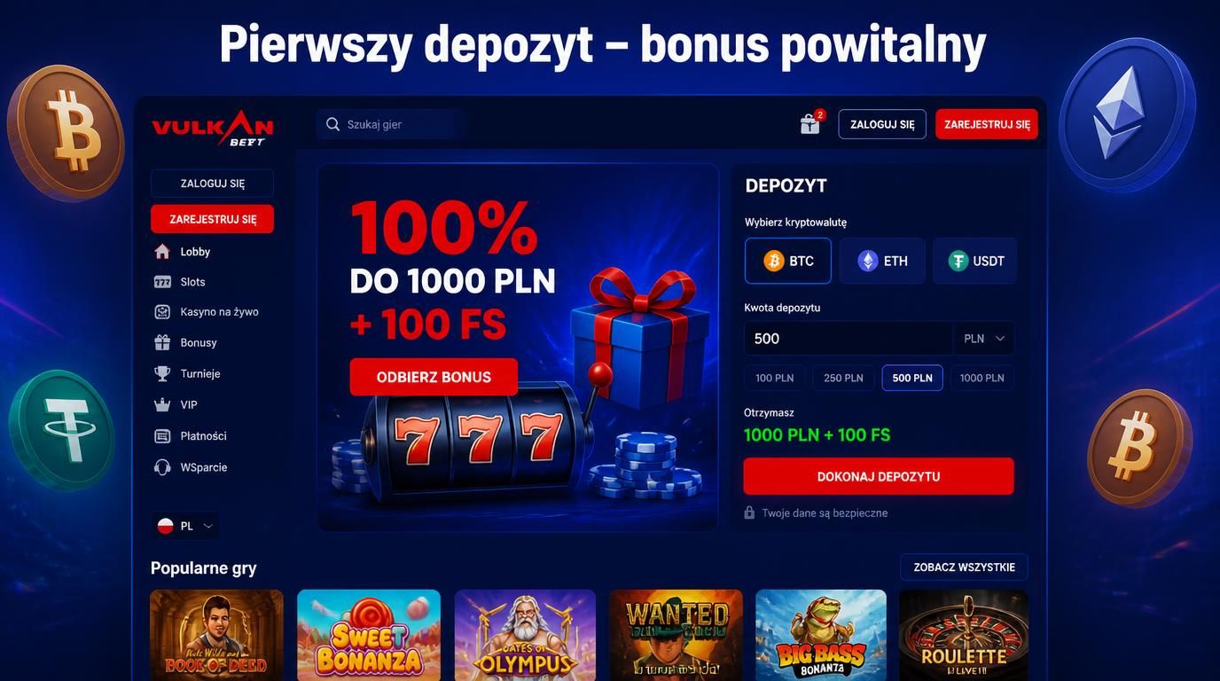 Ekran depozytu z crypto i bonusem powitalnym w Vulkanbet Casino na tle interfejsu