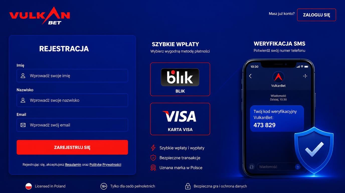 formularz rejestracji Vulkanbet z opcją potwierdzenia SMS-em i płatnościami BLIK, Visa