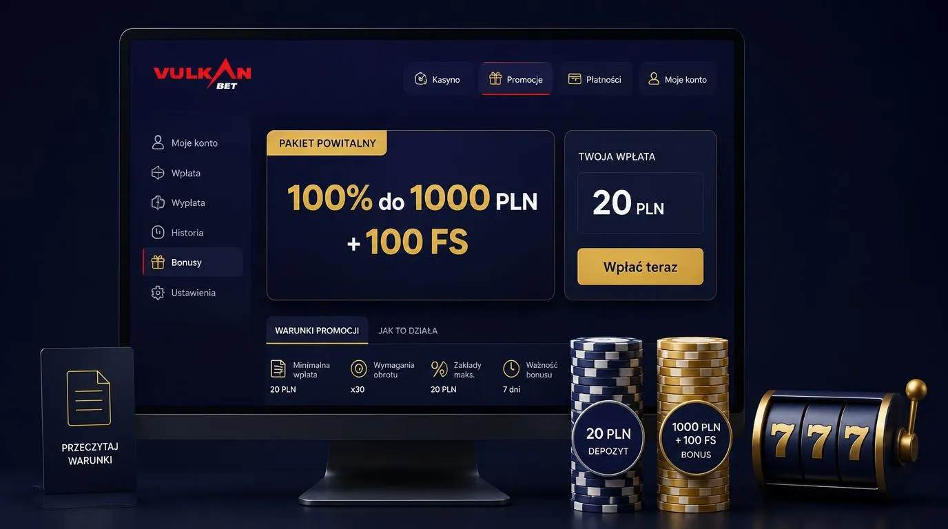 Panel bonusu powitalnego z premią 100% do 1000 PLN, 100 darmowymi spinami i depozytem 20 PLN