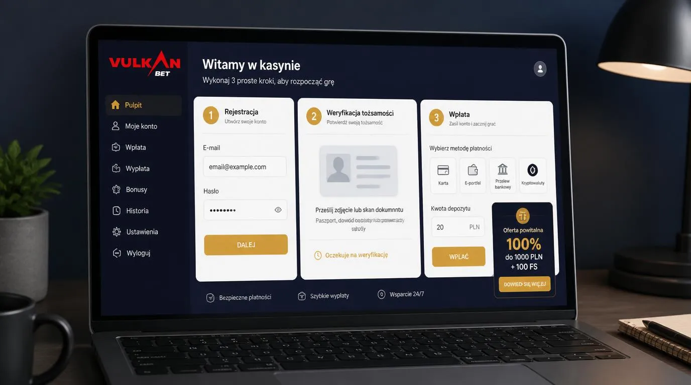 Panel kasyna z formularzem rejestracji, weryfikacją tożsamości i wyborem płatności przy depozycie 20 PLN