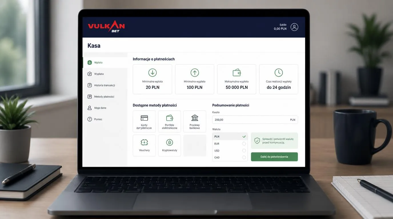 Panel kasy z wybraną walutą PLN, metodami wpłaty oraz limitami depozytu i wypłaty